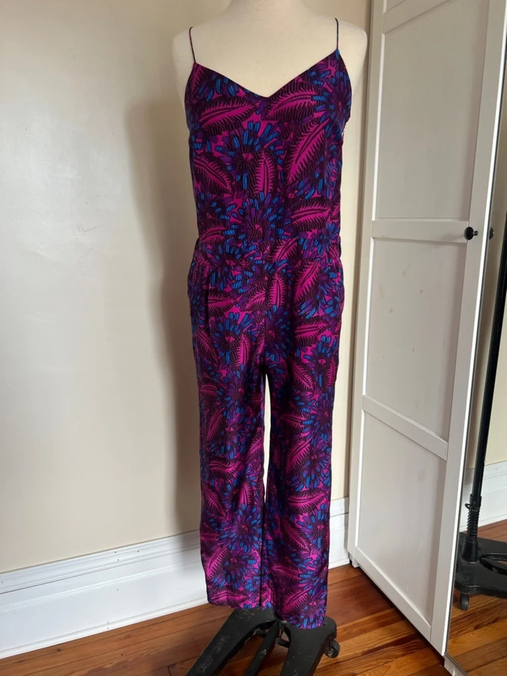 J.Crew Bright Dahlia Floral 100% Silk Strappy Jumpsuit with Pockets Size 6